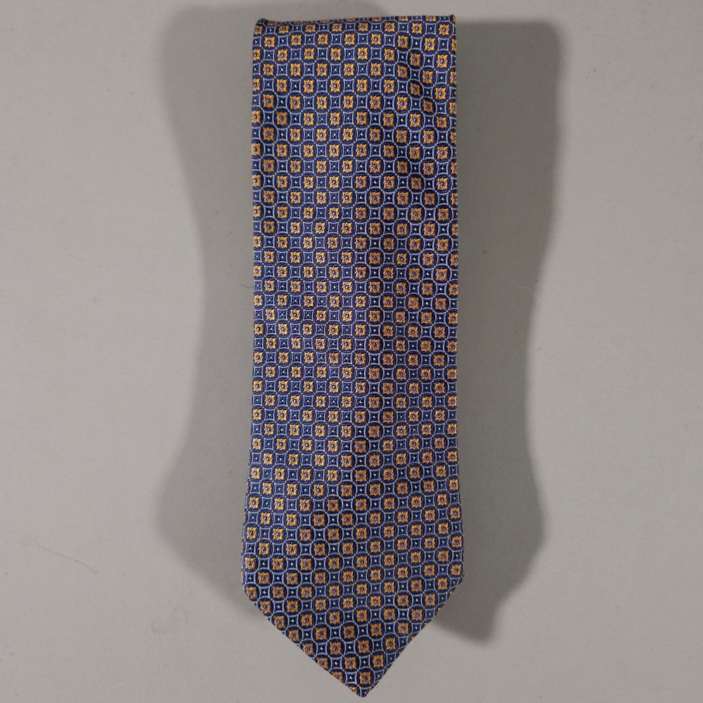 Brooks Brothers Necktie Mens OS Blue Gold Geometric Medallion Silk Made in USA